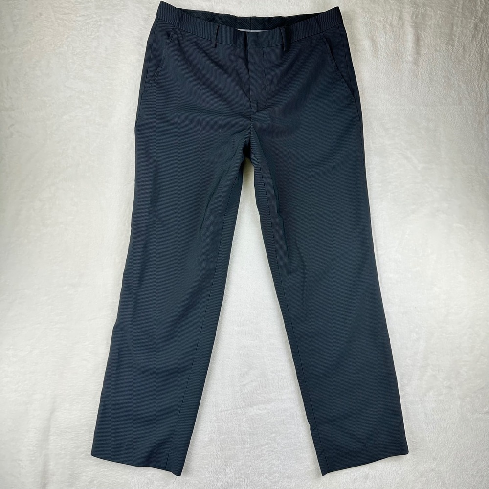 JF J. Ferrar Dress Pants Mens Slim 33x29 Black Gray Pinstripe Flat Trousers